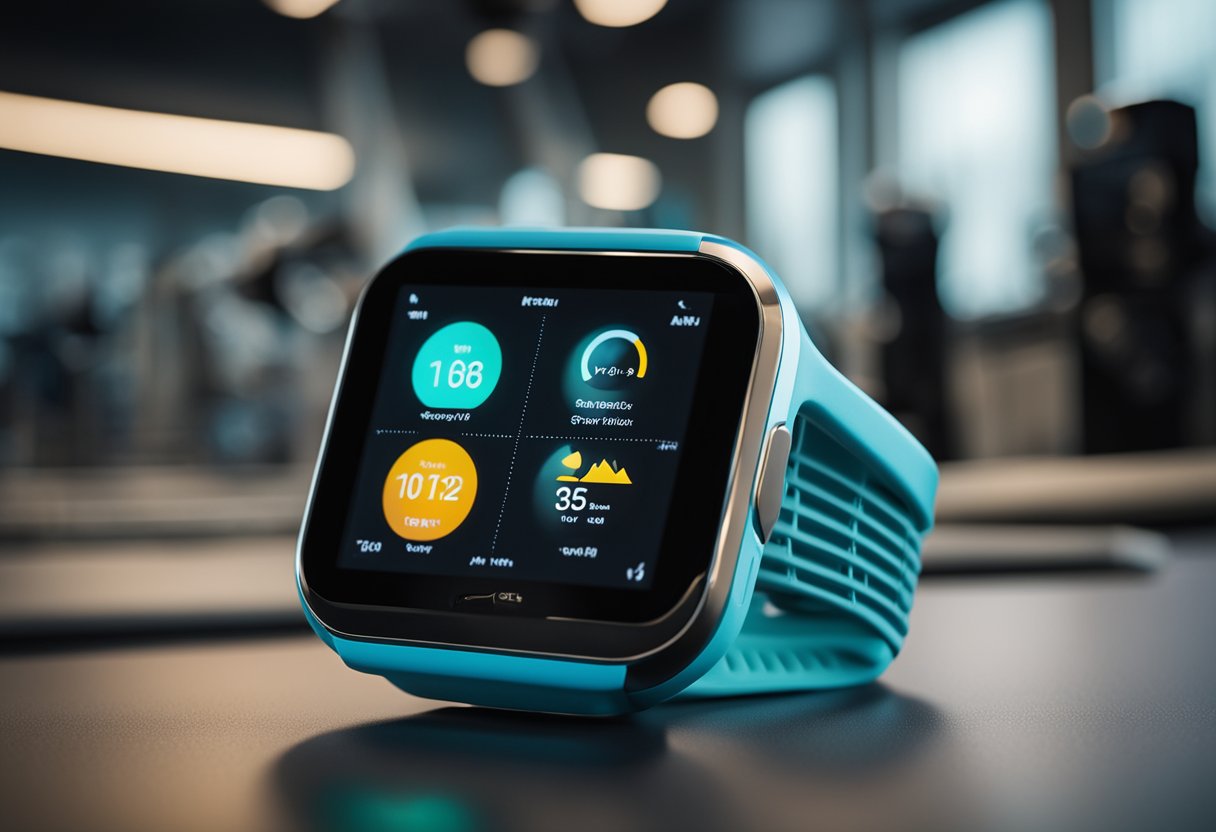 A smartwatch displaying various fitness activities and health data on its screen, surrounded by workout equipment and a vibrant gym environment