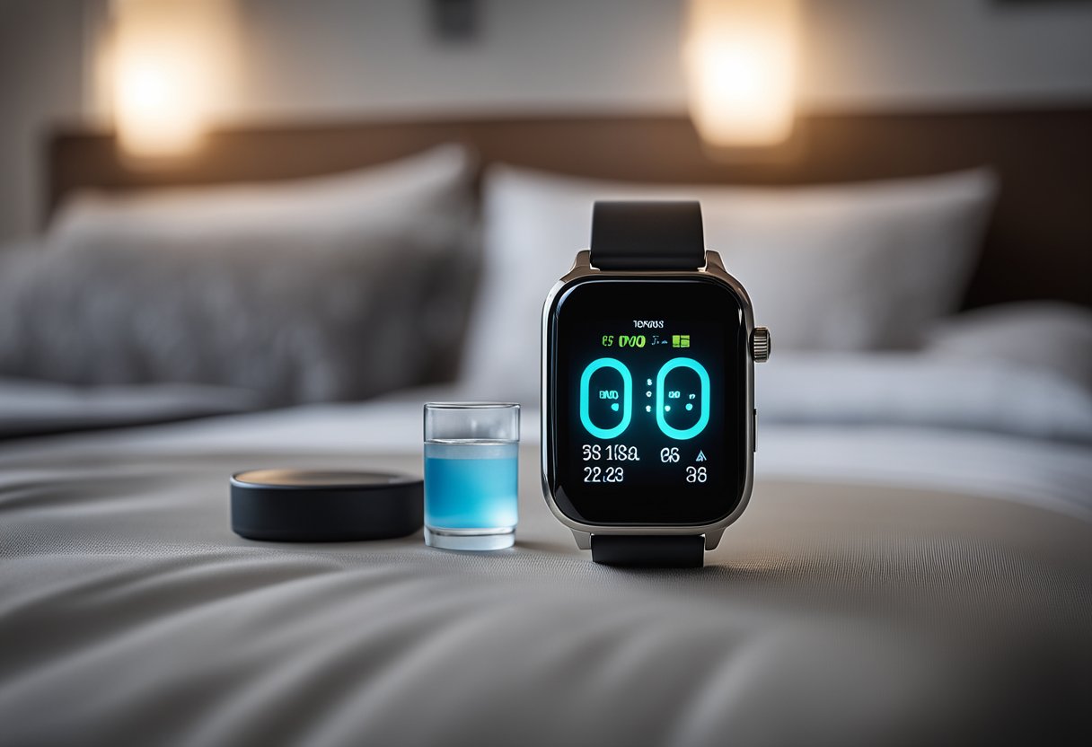 A smartwatch with a glowing screen displaying sleep data, heart rate, and steps taken, surrounded by a bed, a fitness tracker, and a water bottle