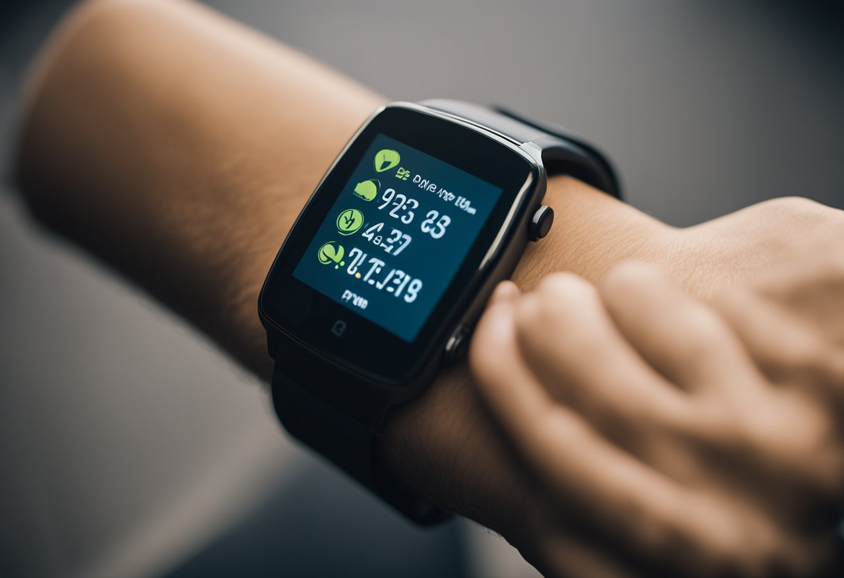 A smartwatch with fitness tracking features displays heart rate, steps, and calories burned on its screen. A running route is mapped out with distance and time recorded