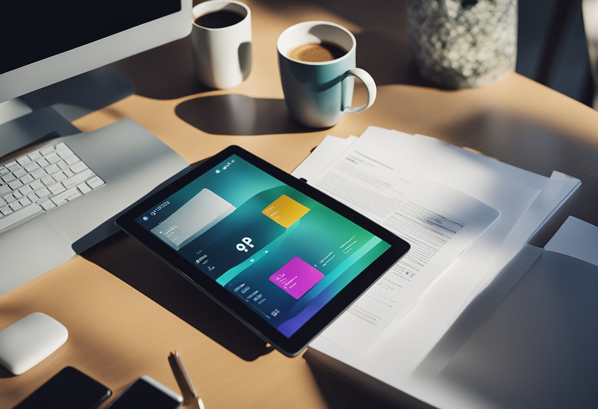 A sleek, modern tablet sits on a desk, surrounded by scattered papers and a cup of coffee. The tablet's screen displays a split view, with a work document on one side and a colorful game on the other