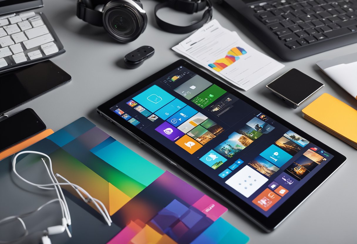 A sleek tablet sits on a modern desk, surrounded by scattered work documents and colorful gaming accessories. The tablet's screen displays a split view of a productivity app and a popular game, showcasing its versatility for both work and play