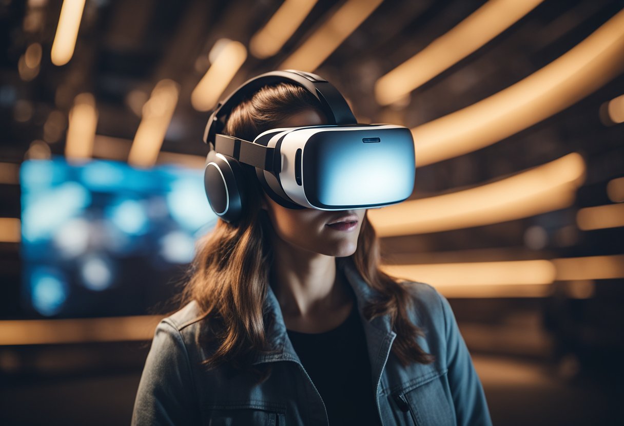 A person wearing a virtual reality headset, surrounded by a futuristic and immersive digital environment, with a sense of wonder and excitement on their face