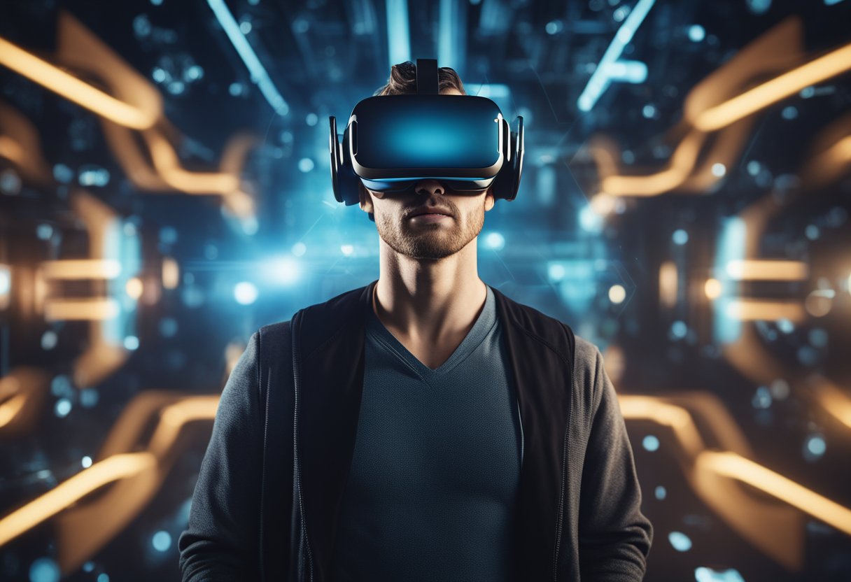 A person wearing a virtual reality headset, surrounded by futuristic technology and digital interfaces, immersed in a virtual environment