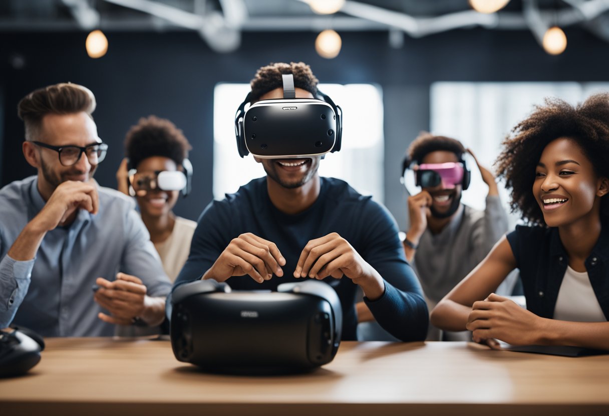 A virtual reality headset sits on a table, surrounded by various electronic devices. A diverse group of people are shown using the headset, displaying excitement and engagement