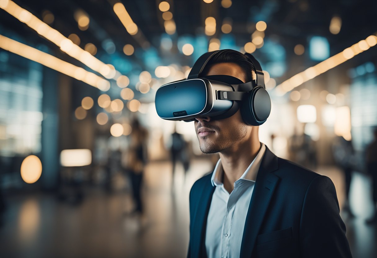 A person wearing a virtual reality headset, surrounded by various industry applications such as architecture, healthcare, education, and entertainment