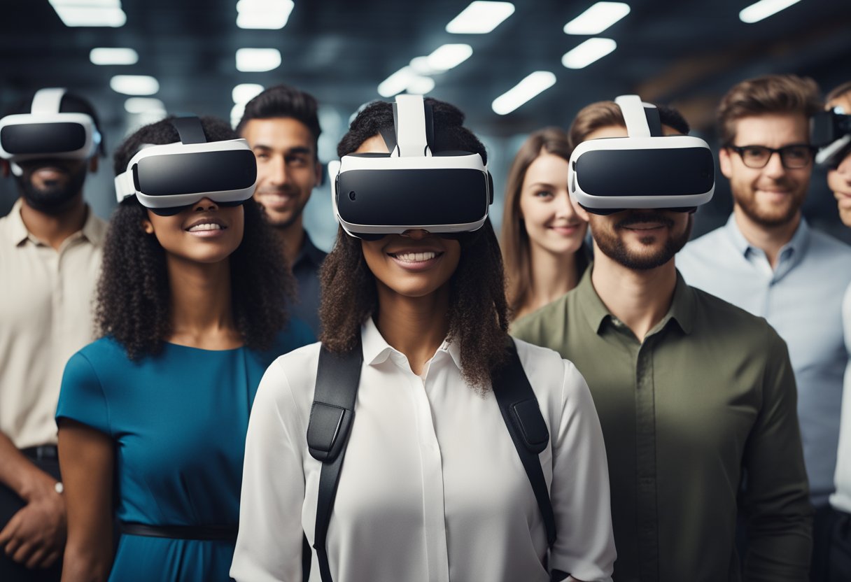 A diverse group of people wearing virtual reality headsets, interacting with virtual environments and engaging in various activities, representing the growing popularity and impact of VR technology on society and culture