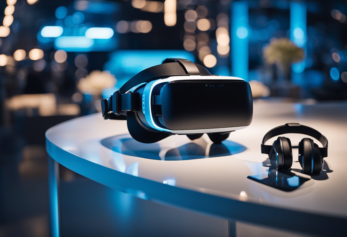 A virtual reality headset sits on a sleek modern table, surrounded by futuristic gadgets and technology. The room is bathed in a soft blue light, creating a sense of innovation and excitement