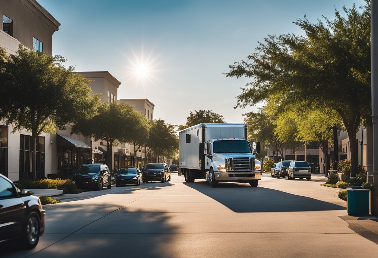 A bustling street in Cypress, TX with a Bantu mover truck parked outside a vibrant, modern building. The sun shines down on the busy scene as people go about their daily activities