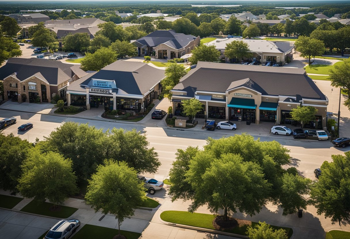 A bustling Cypress, TX scene: vibrant neighborhoods, bustling businesses, and active recreational spaces, capturing the essence of "Live, Work, Play" in the booming community