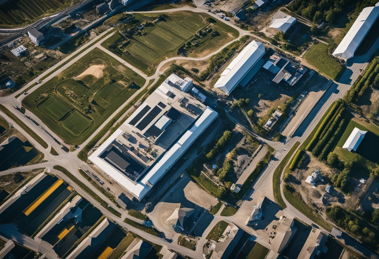 Aerial view of diverse industries - construction, agriculture, and tourism - utilizing drone cameras for photography, showcasing their impact and versatility