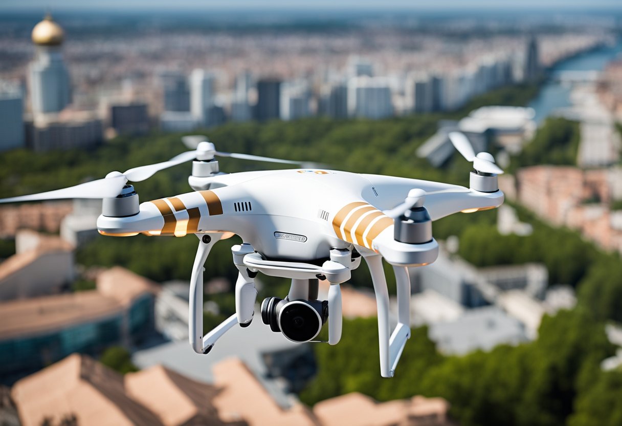 A drone hovers above a cityscape, capturing stunning aerial views. Its camera lens focuses on architectural details and natural landscapes, showcasing the versatility and unique perspective of drone photography