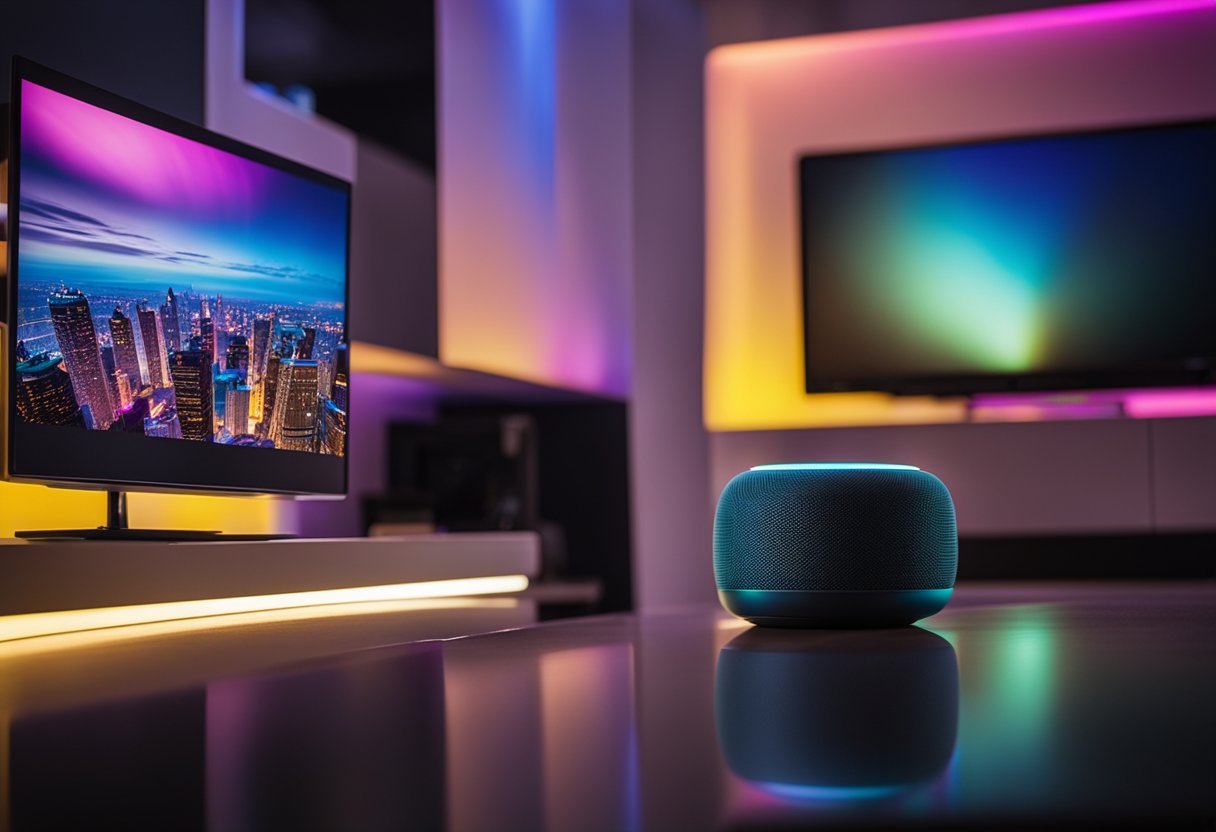 A smart speaker sits on a modern entertainment center, streaming music and controlling the TV with colorful lights illuminating the room