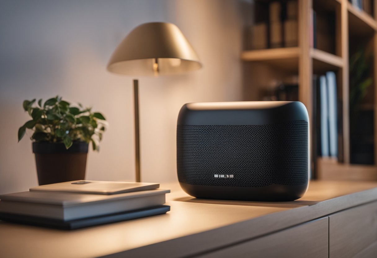 A smart speaker sits on a modern living room shelf, streaming music while casting a warm, ambient glow. The room is filled with comfortable furniture and soft lighting, creating a cozy and inviting atmosphere for entertainment