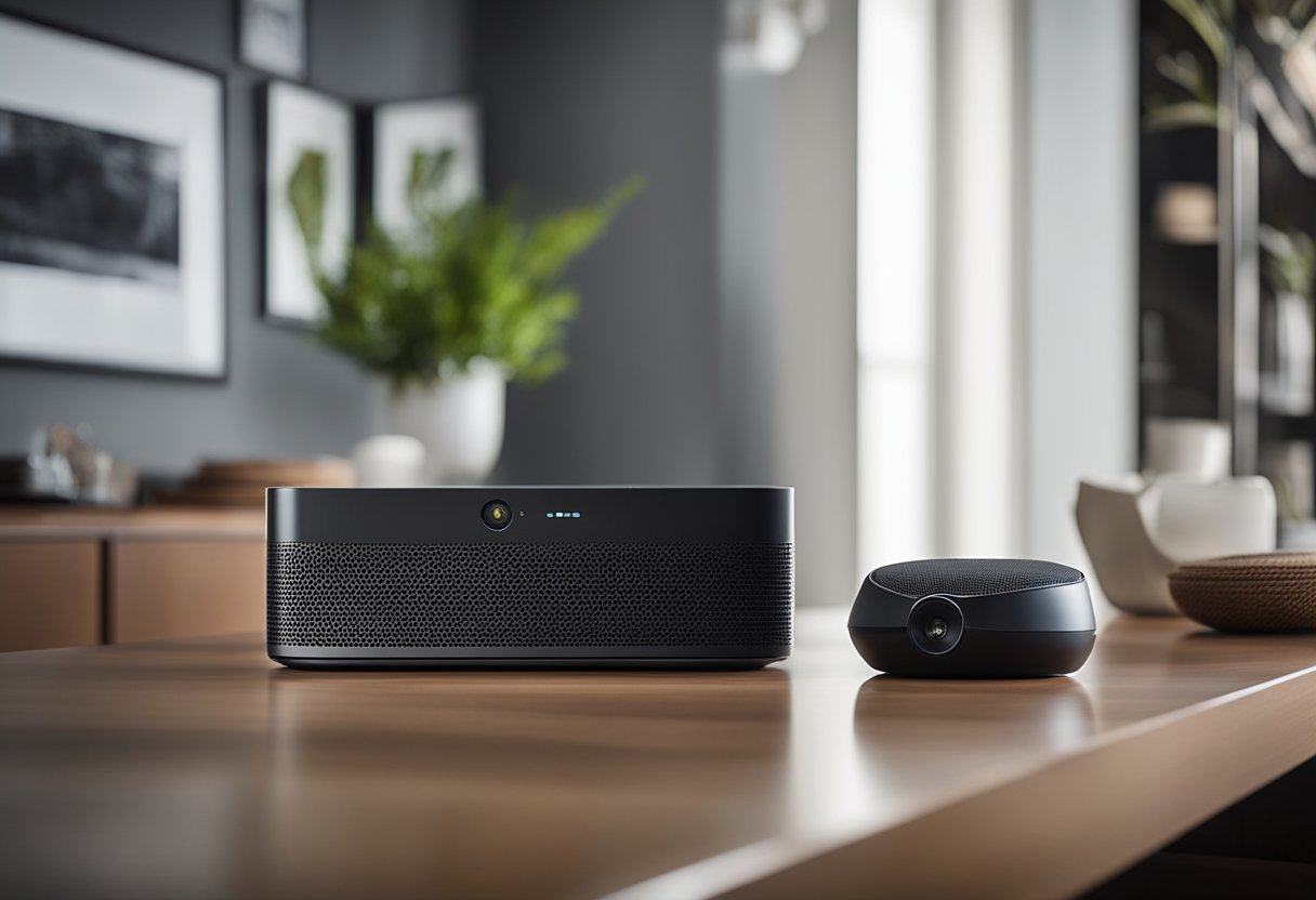 A smart speaker seamlessly integrates with a home entertainment system, enhancing the experience with voice control and high-quality sound