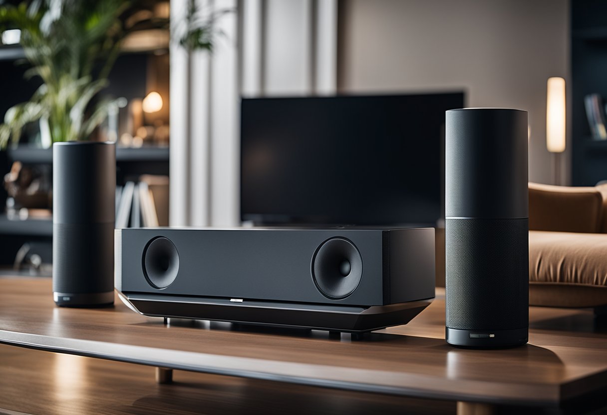 A smart speaker sits on a sleek modern entertainment center, emitting sound waves that fill the room. It is surrounded by other high-tech audio equipment, creating a seamless and immersive home entertainment experience