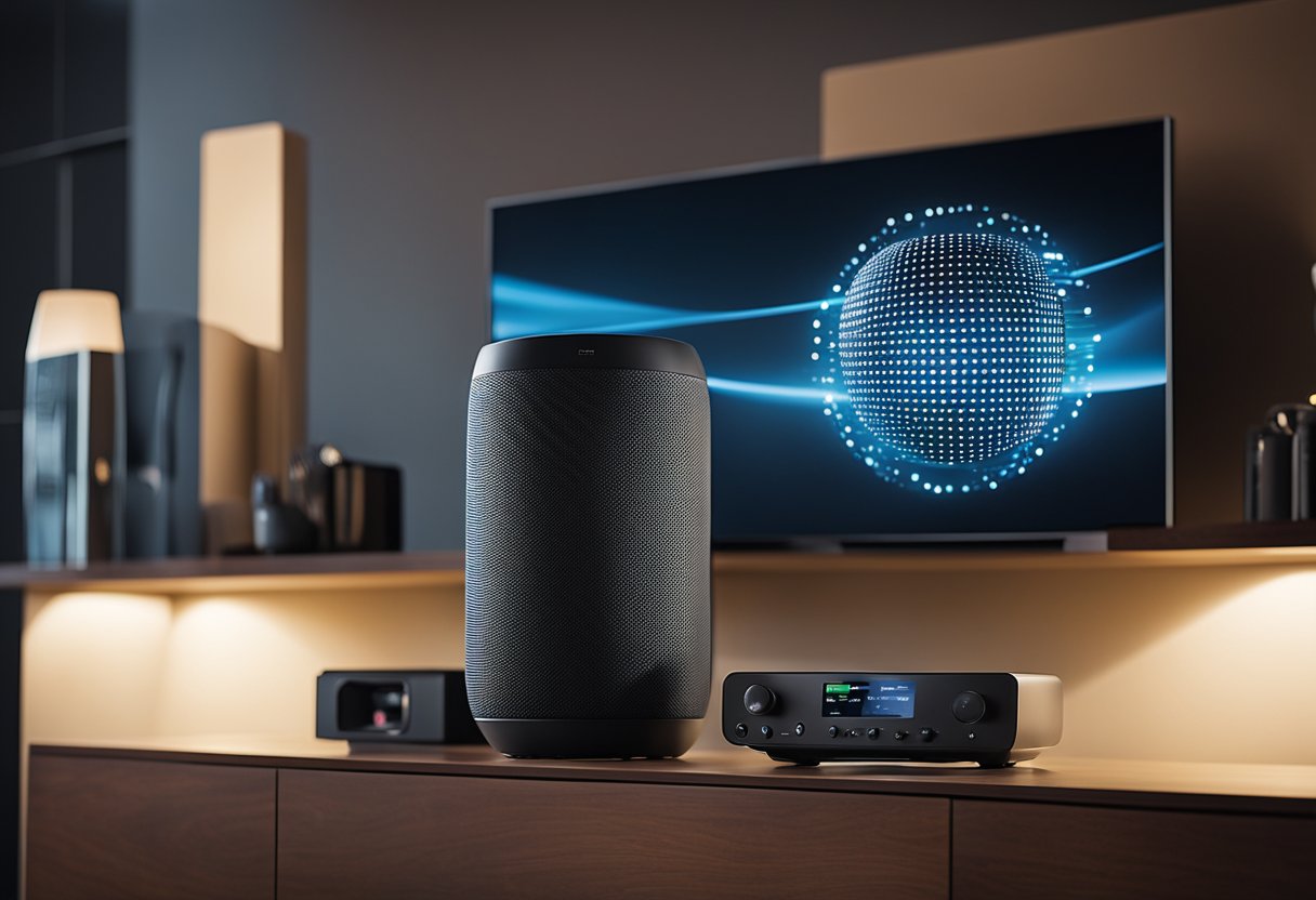 A smart speaker sits on a modern entertainment center, surrounded by various multimedia devices. It is playing music and displaying relevant information on a nearby screen