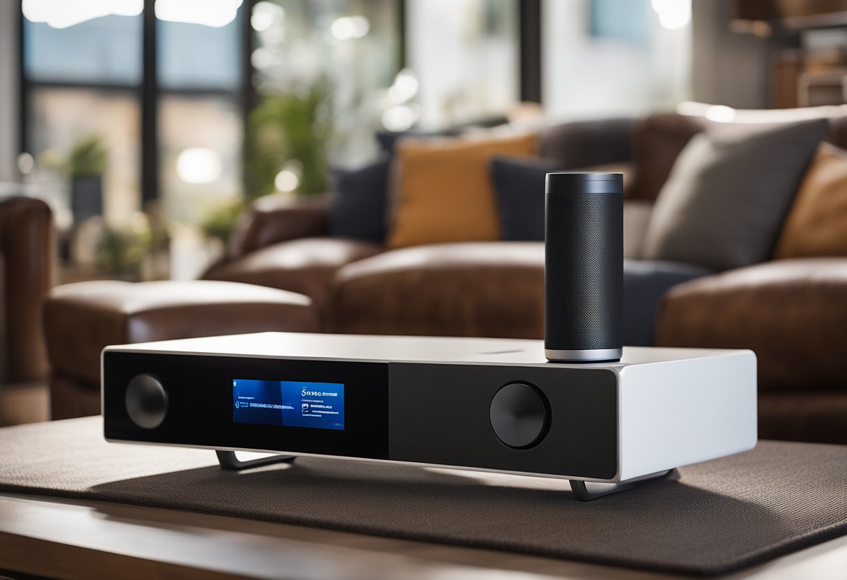 A smart speaker sits on a sleek modern coffee table, surrounded by a variety of entertainment devices. The speaker is connected to a TV, sound system, and smart home control hub, creating a seamless and integrated home entertainment experience