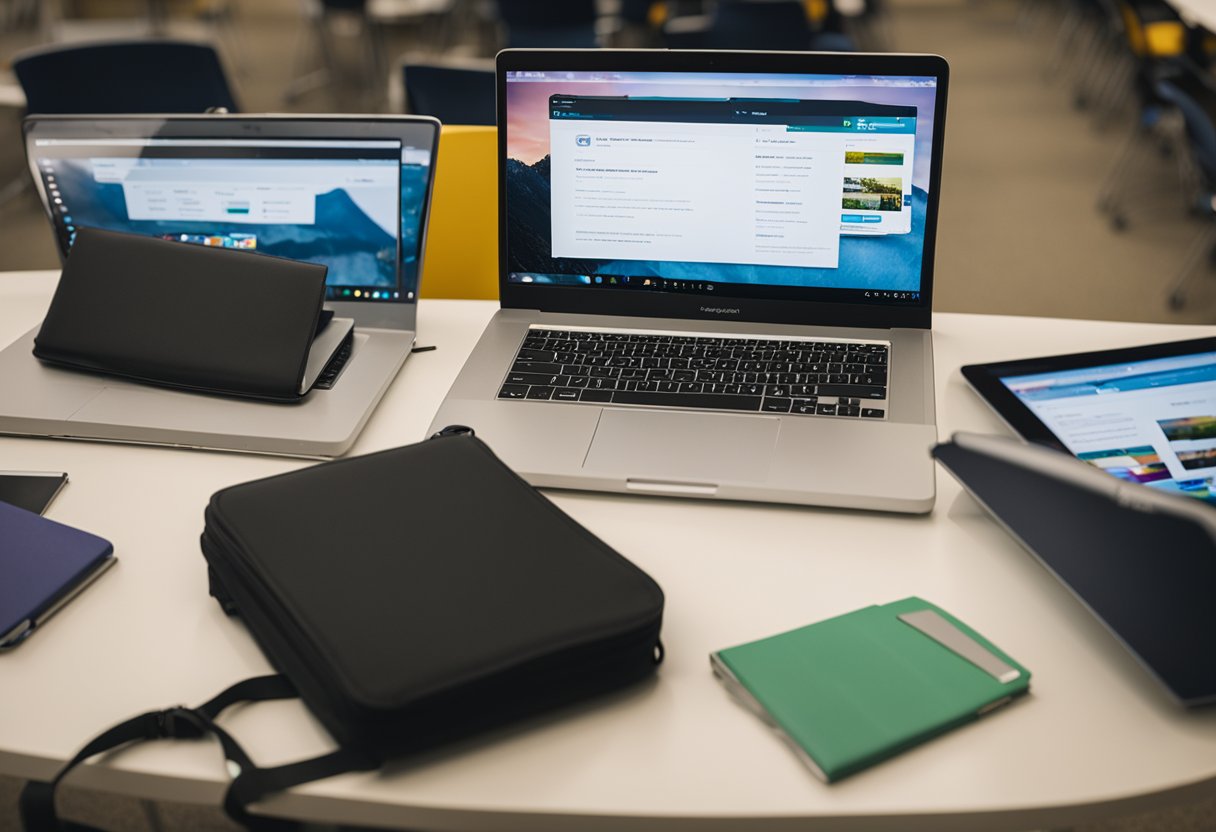 Several budget laptops lined up on a desk with books and school supplies scattered around. A student's backpack sits nearby