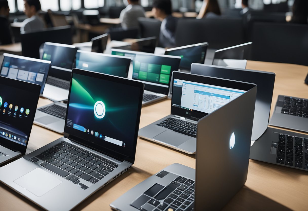 A group of student laptops with various operating systems displayed on a table, alongside a list of the best budget options for students