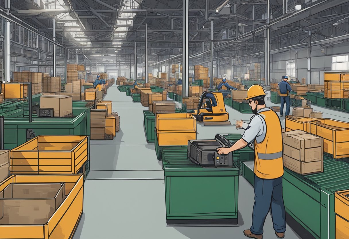 A factory worker operates machinery in a bustling industrial setting, surrounded by crates and equipment. A visa to Canada is prominently displayed