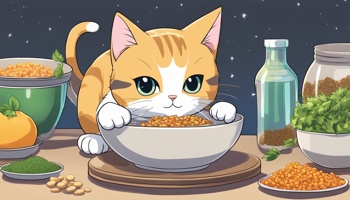 A cat eagerly eats from a bowl of high-quality cat food, with a variety of nutritious ingredients visible in the food.</p><p>The cat looks healthy and content