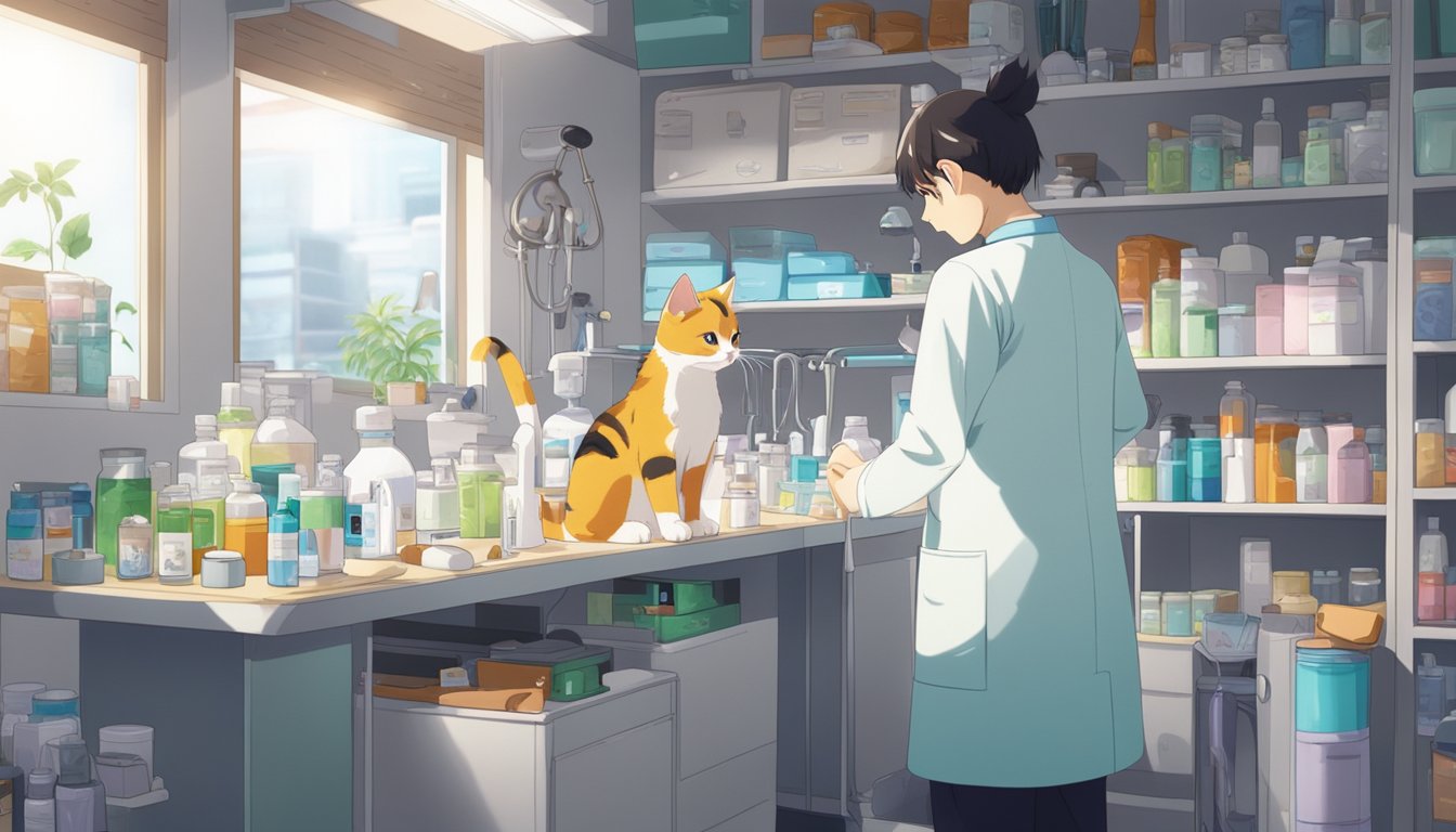 A veterinarian administering medication to a cat, surrounded by various medical supplies and equipment in a well-lit clinic room