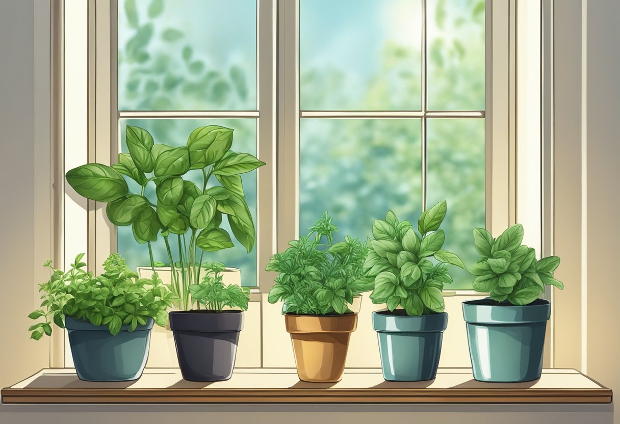 A sunny windowsill with pots of basil, mint, and rosemary. A variety of herbs in different sizes and shapes, thriving in the indoor environment