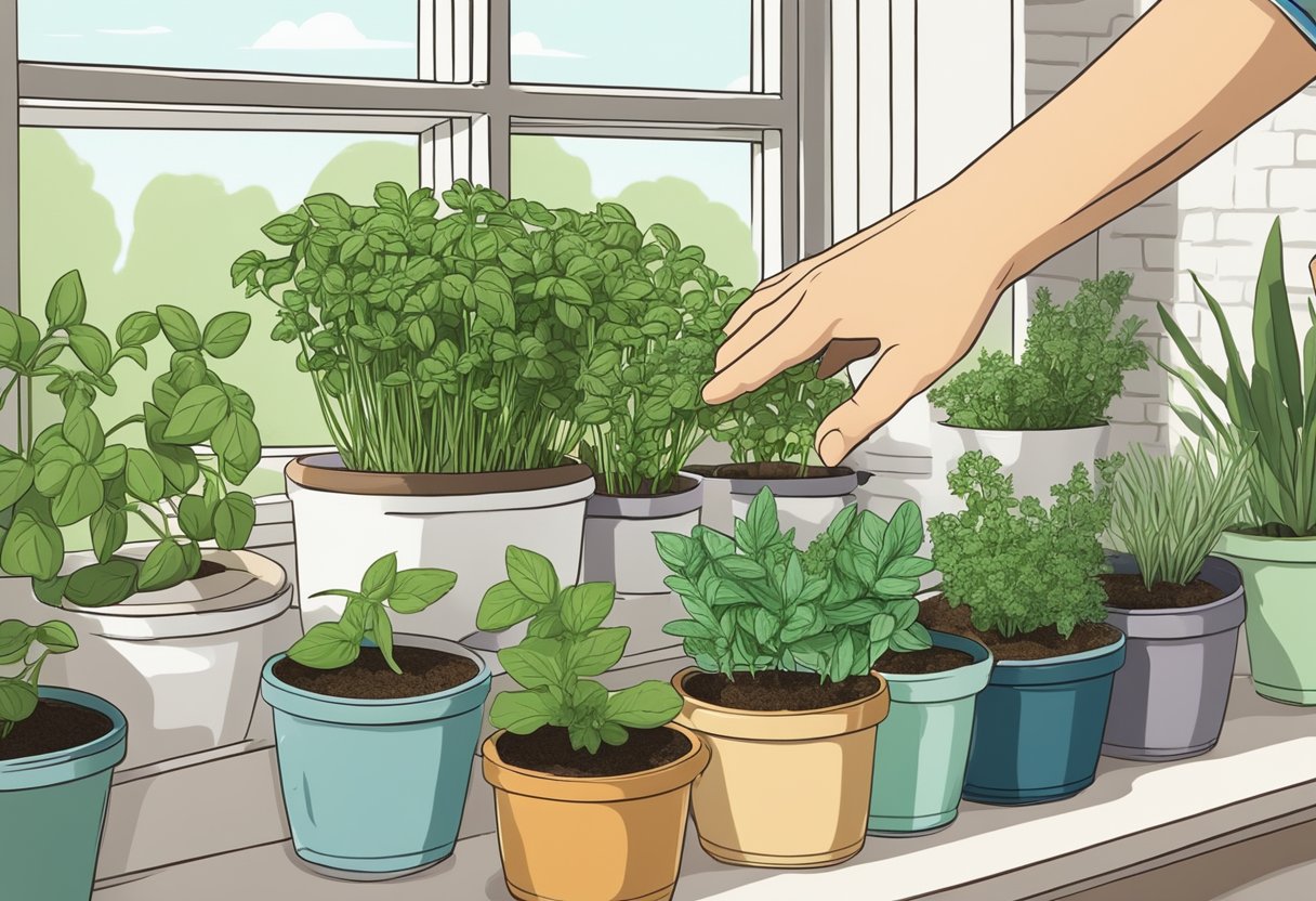 A hand reaches for pots of basil, rosemary, and mint on a sunny windowsill. Other herbs like thyme, chives, and parsley are neatly arranged nearby