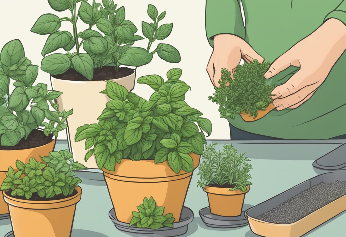 Herbs being pruned and harvested indoors, showcasing basil, mint, and rosemary growing in pots