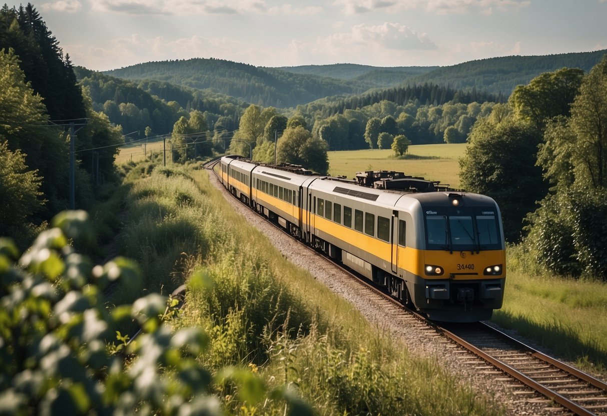 A train departing from Berlin passing through lush countryside towards picturesque day trip destinations