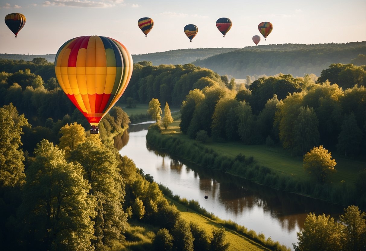 A colorful hot air balloon floats above a lush green landscape with a winding river, as a group of people enjoy a leisurely excursion in Berlin