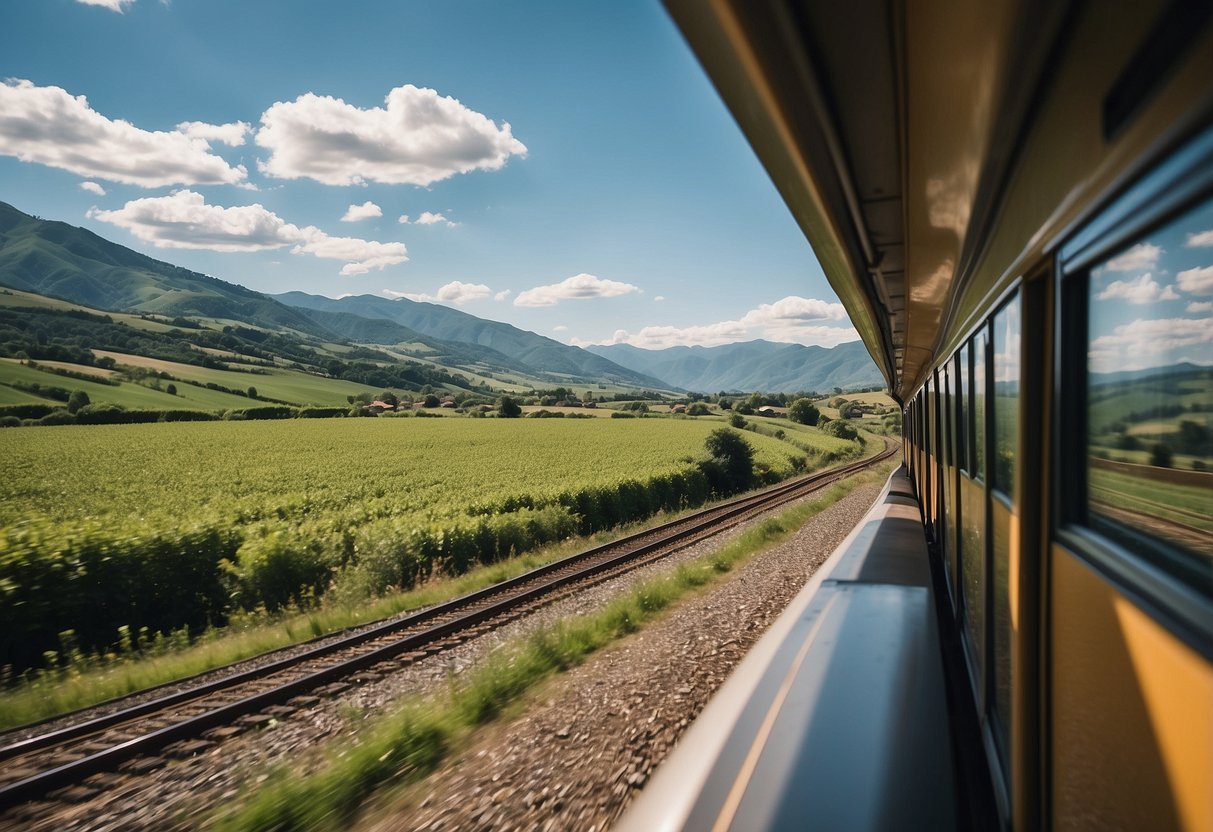 A train speeding through lush countryside, passing by quaint villages and rolling hills, with a backdrop of clear blue skies and distant mountains