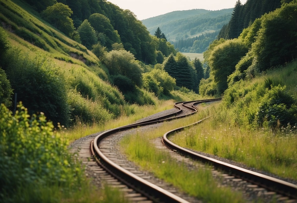 Lush green countryside, train tracks winding through rolling hills, a quaint station nestled among trees, with a sense of tranquility and escape