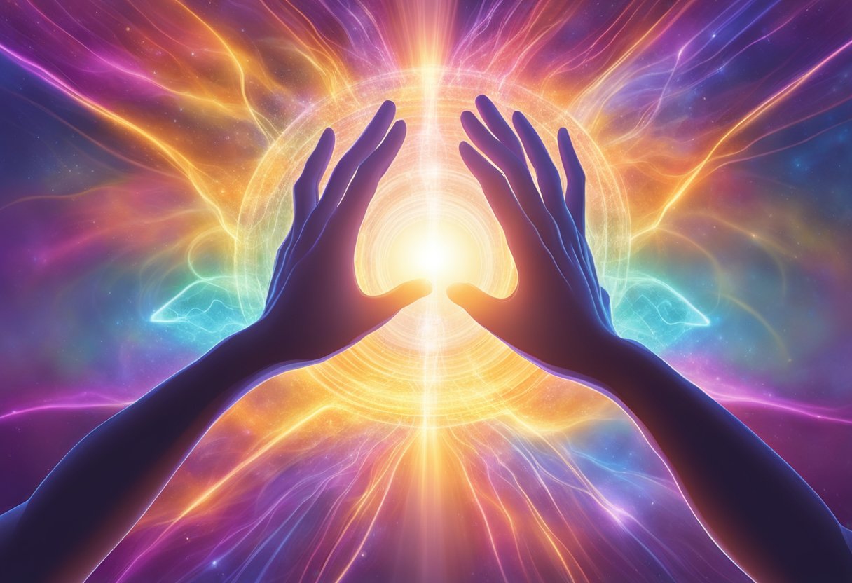 A vibrant energy field surrounds a pair of hands hovering over a glowing body, emanating healing energy