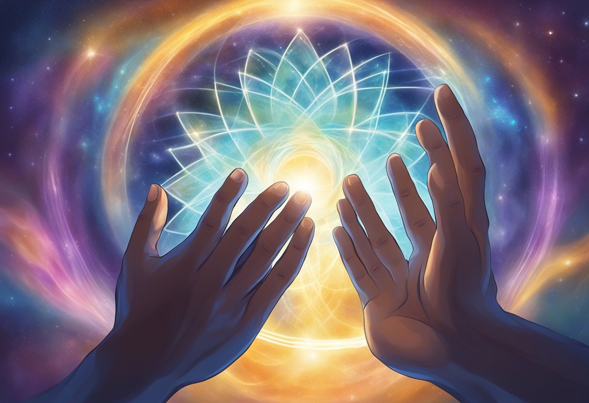 A glowing energy radiates from a pair of hands, surrounded by a sense of healing and spiritual connection