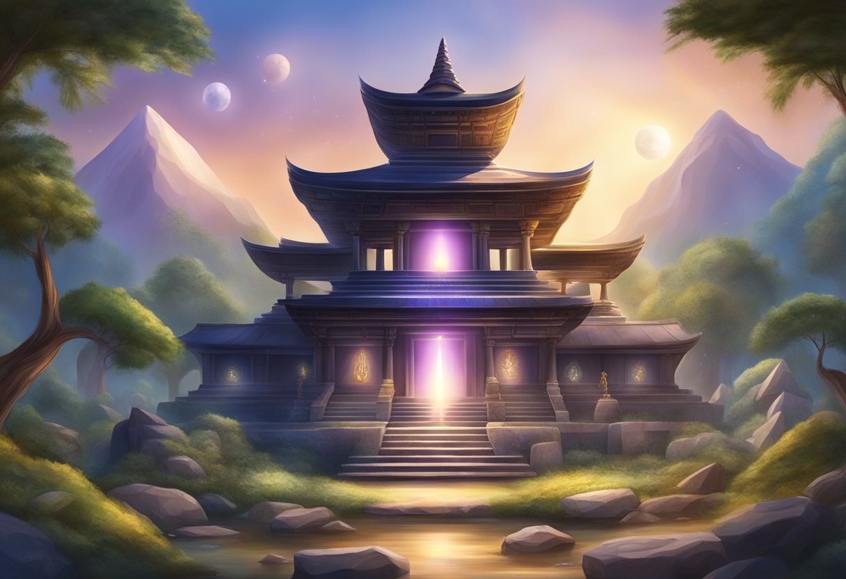 A serene temple with ancient symbols and healing crystals, surrounded by nature and glowing with spiritual energy