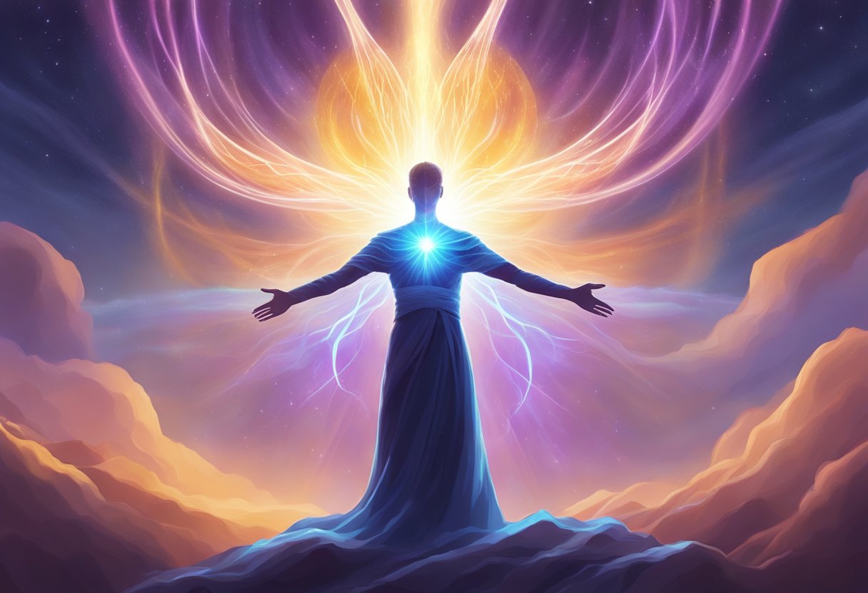 A serene figure surrounded by glowing energy, with hands hovering above a radiant source, emanating healing vibrations