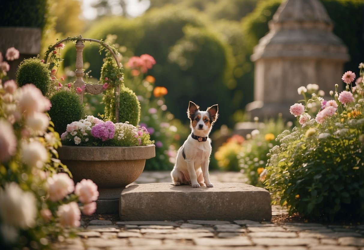 A peaceful garden with a stone monument surrounded by flowers and a dog's favorite toys