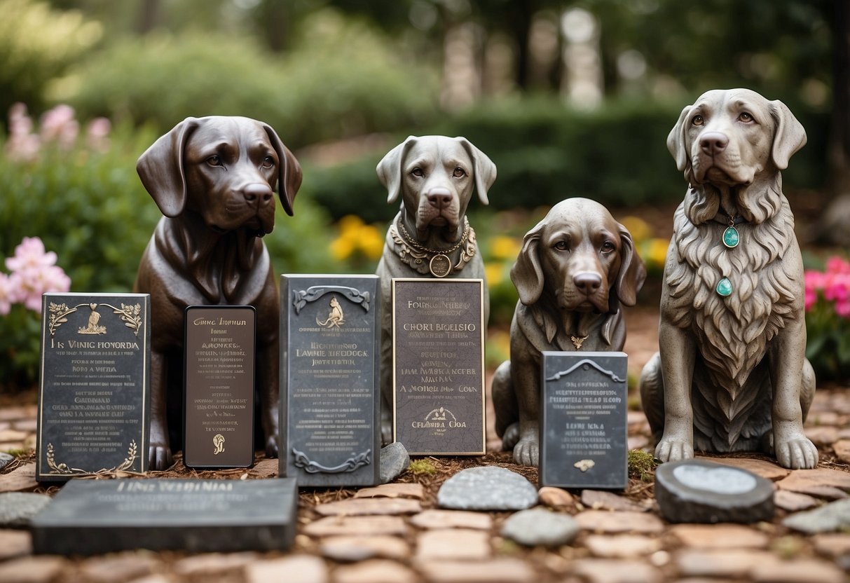 A variety of dog memorials displayed in a peaceful garden setting, including engraved stones, personalized plaques, and decorative statues