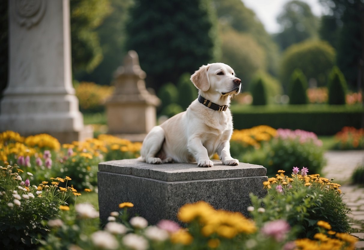 A serene garden with a stone monument surrounded by flowers and a dog's collar draped over it