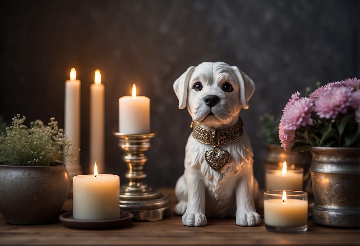 A dog statue surrounded by flowers and candles, with a personalized collar and a photo frame