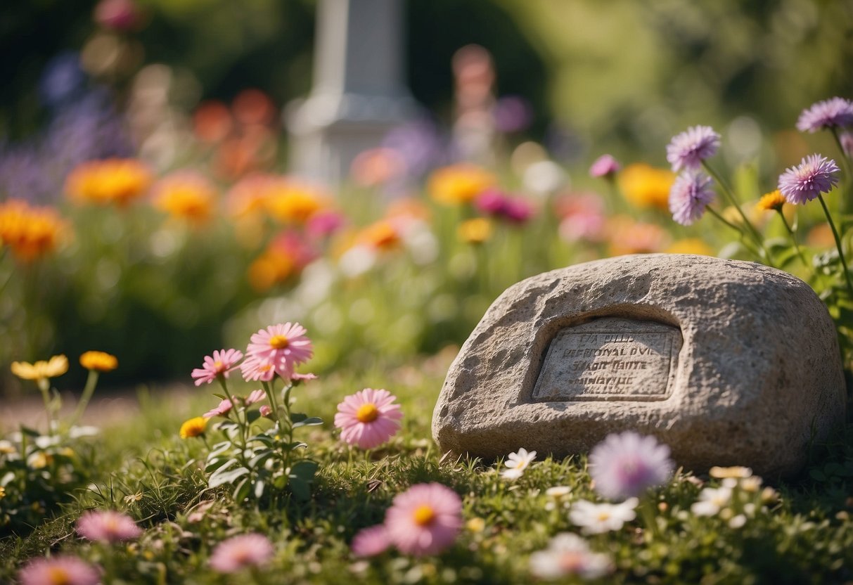 A serene garden with a stone monument and a dog's paw print etched into the ground, surrounded by colorful flowers and butterflies