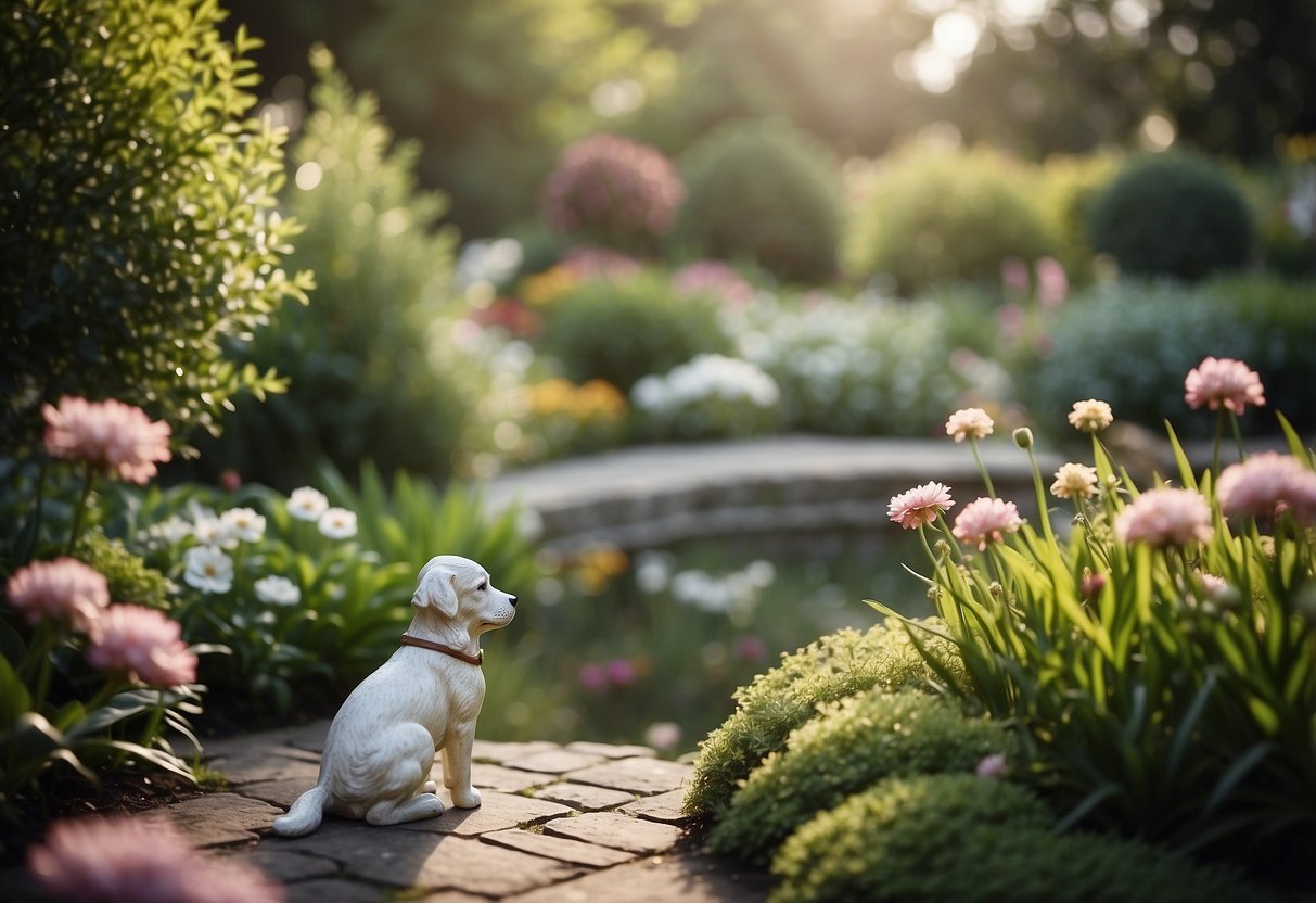 A serene garden with a variety of plants and flowers, a peaceful pond, and a small memorial plaque or statue dedicated to a beloved dog