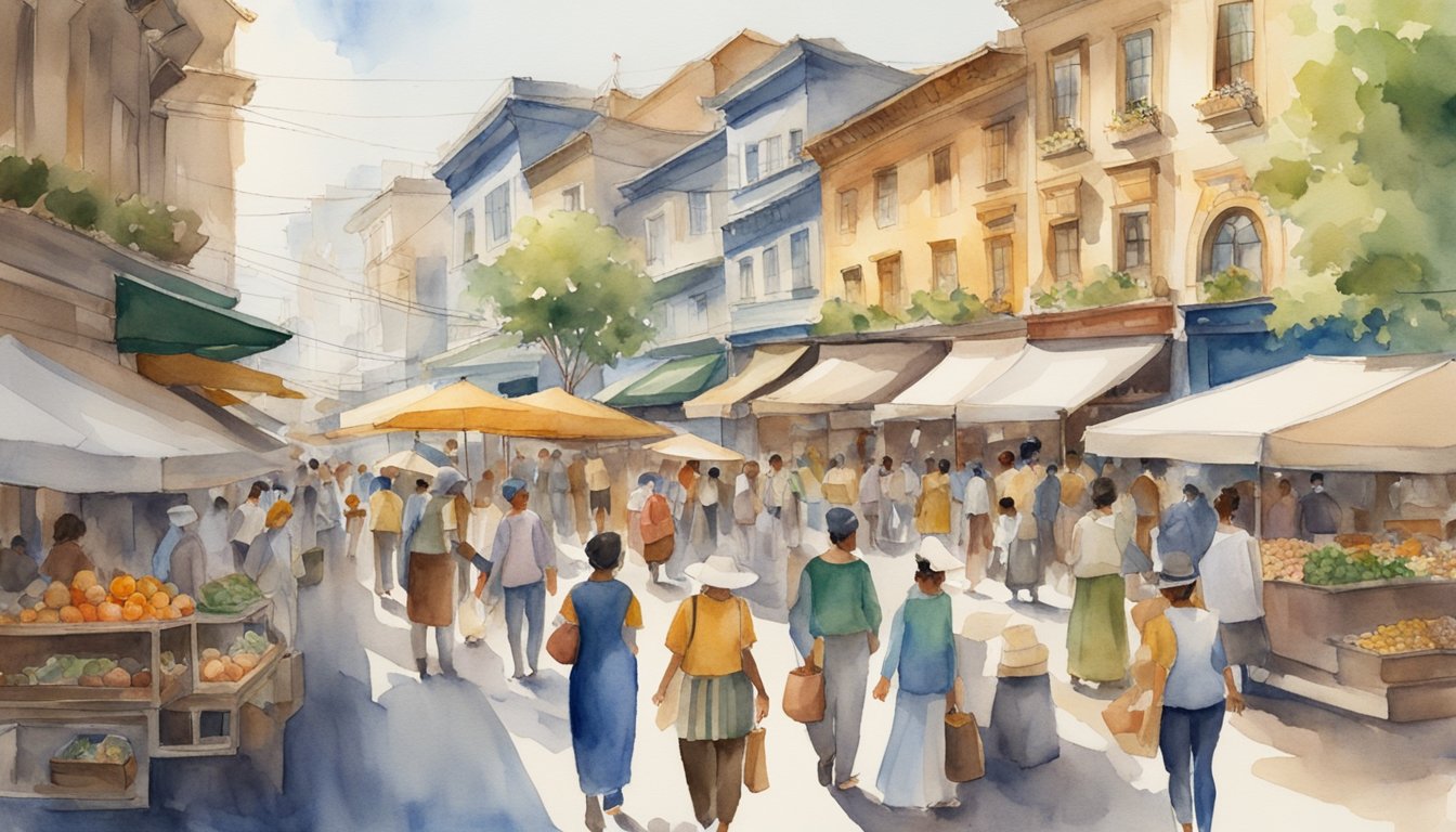 Pedestrianism's cultural impact: bustling city streets, diverse crowds, and lively marketplaces.</p><p>Economic impact: shops and vendors thriving, trade and commerce flourishing