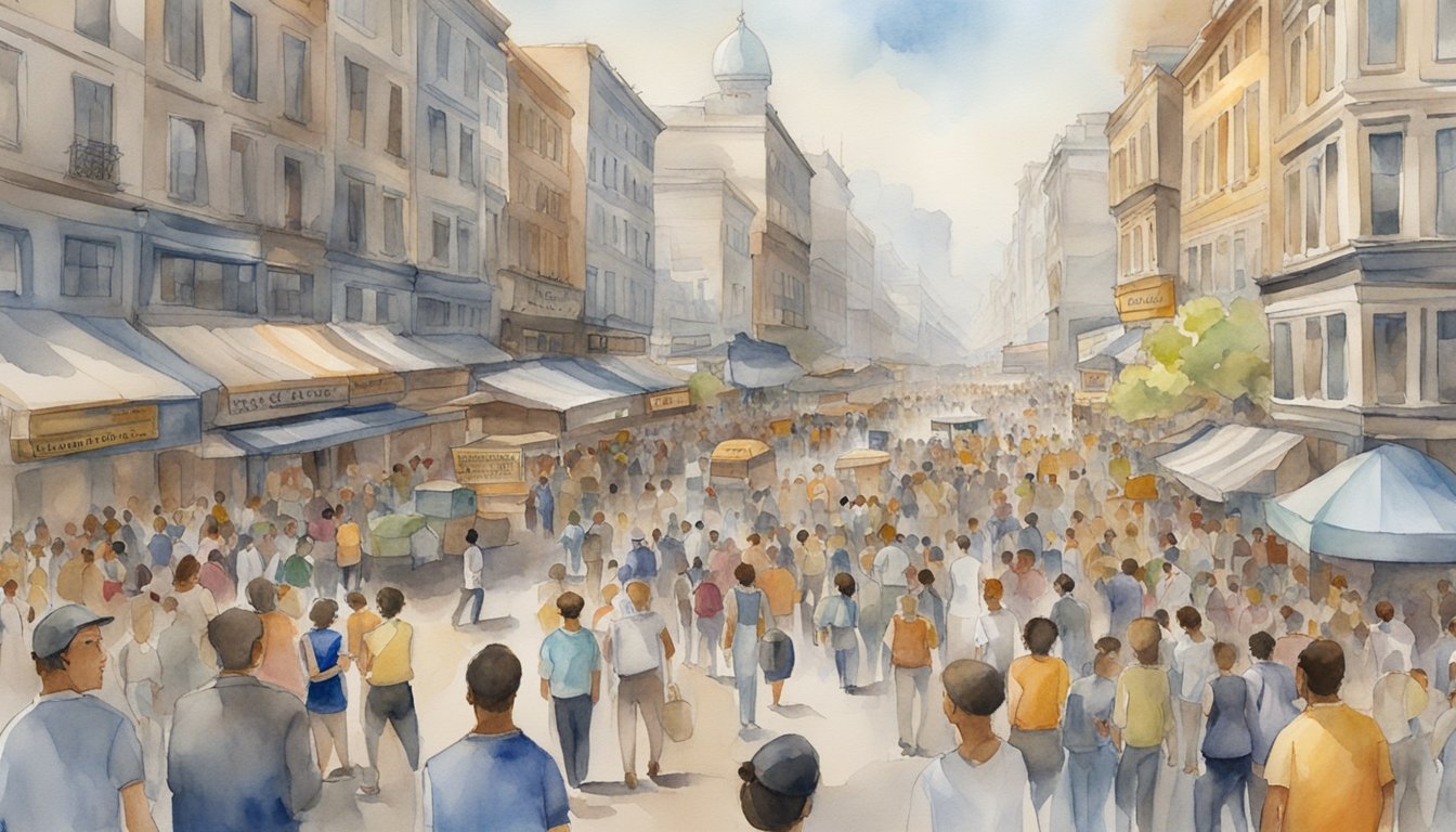 A bustling city street filled with spectators and competitors from diverse cultures, showcasing the economic impact of major pedestrian competitions