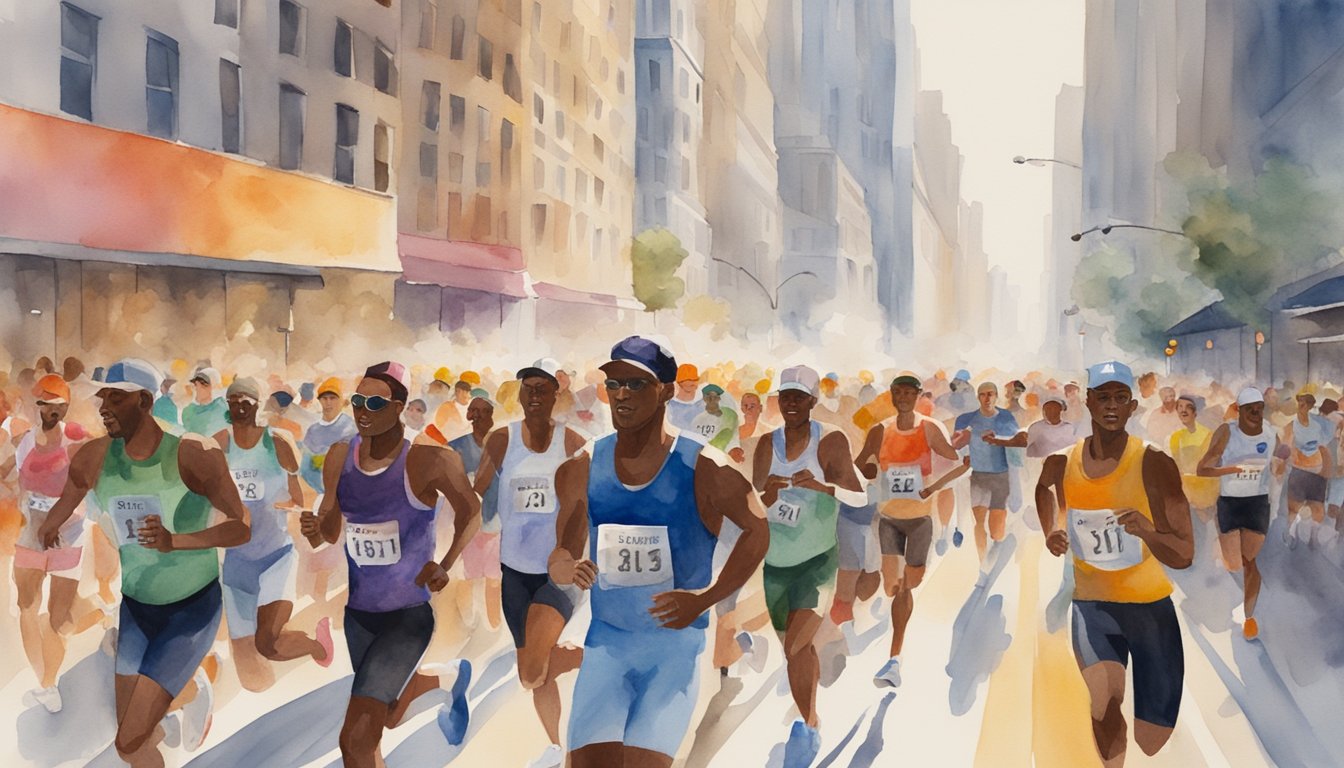 Athletes race down a bustling city street, surrounded by cheering crowds and towering skyscrapers