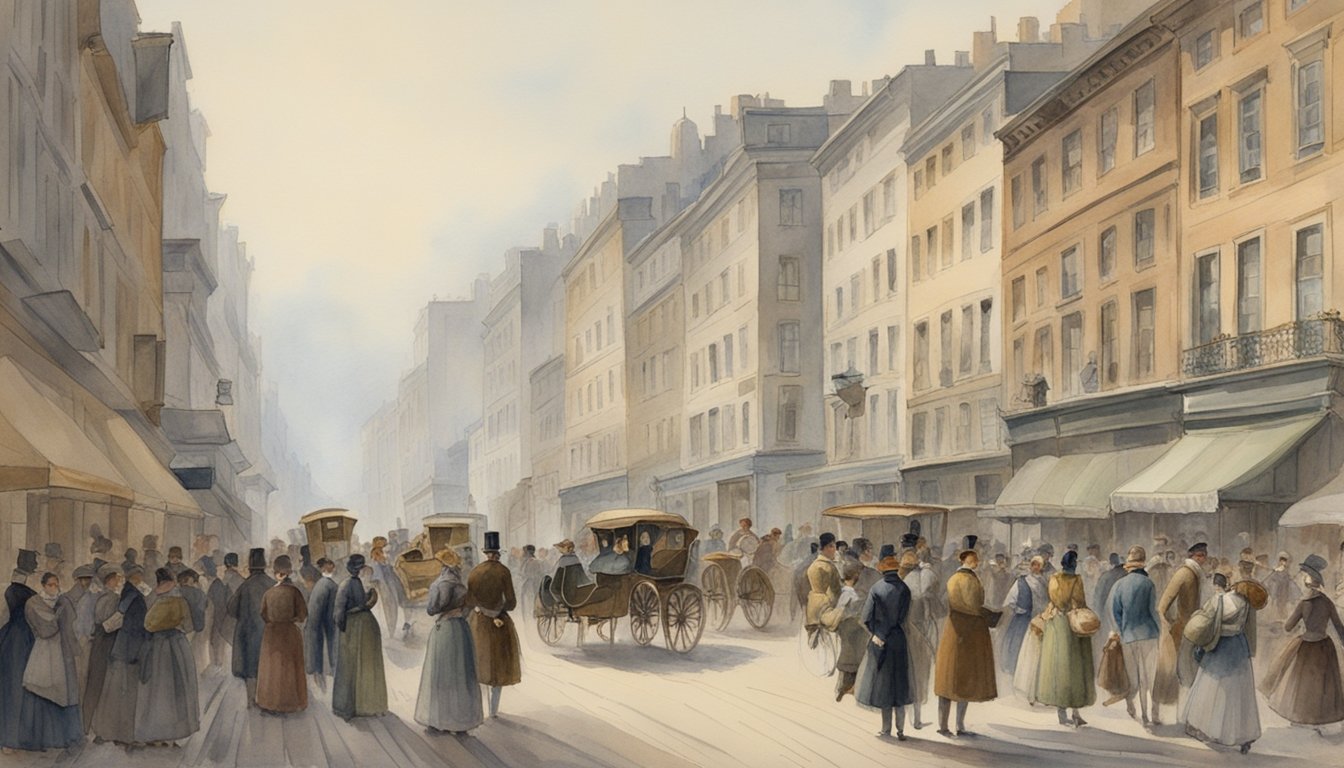 A bustling city street in the 19th century, with crowds of people gathering to watch the early challenges to pedestrianism and the emergence of this popular sport