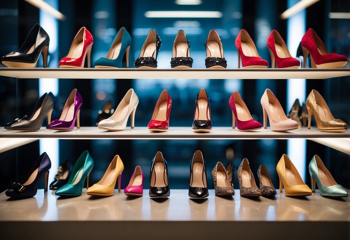 A display of 10 stylish designer shoes arranged on a sleek, modern shelf, with spotlights highlighting each pair. The shoes vary in color, style, and heel height, showcasing the latest trends in women's fashion