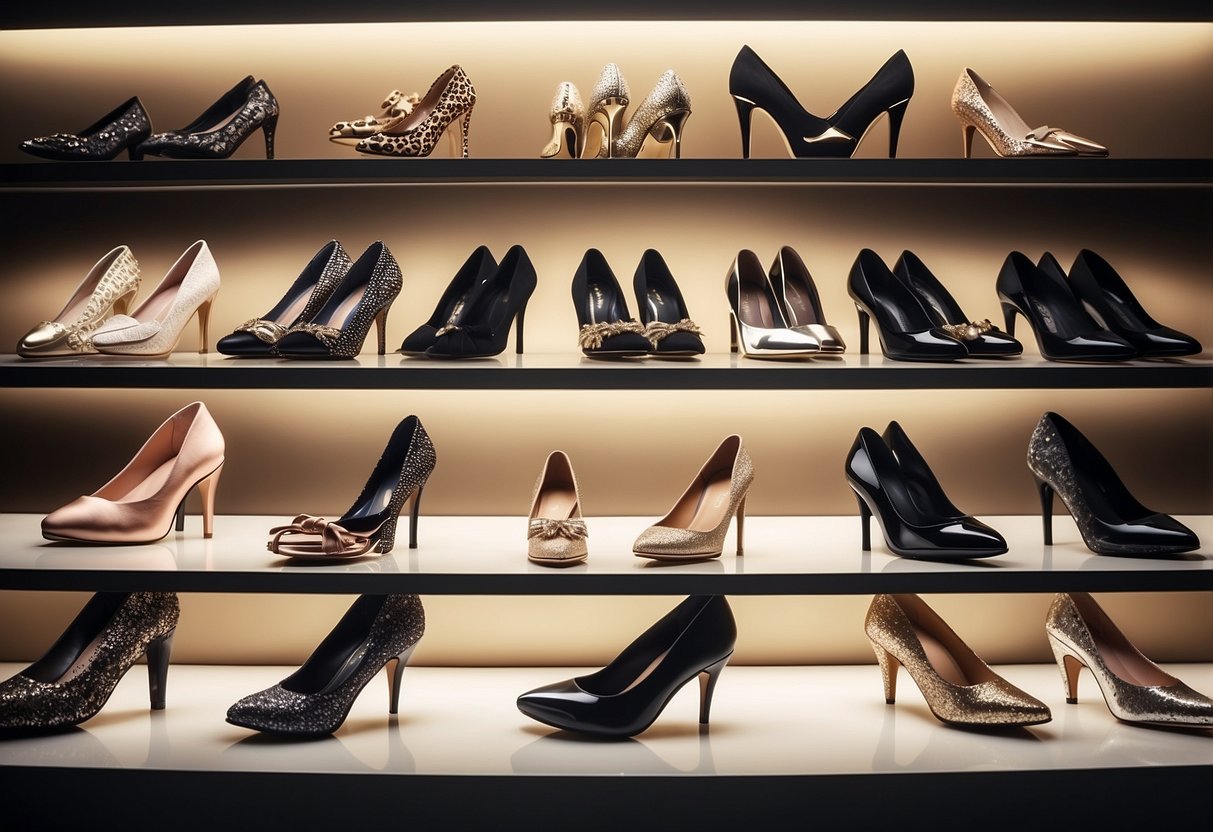 A display of top 10 designer shoes arranged on a sleek, modern shelf, with spotlights highlighting each pair