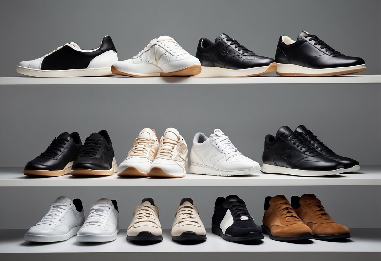 A display of top designer sneakers arranged on a sleek, minimalist shelf against a clean, white backdrop. Each shoe is meticulously crafted with attention to detail and luxurious materials